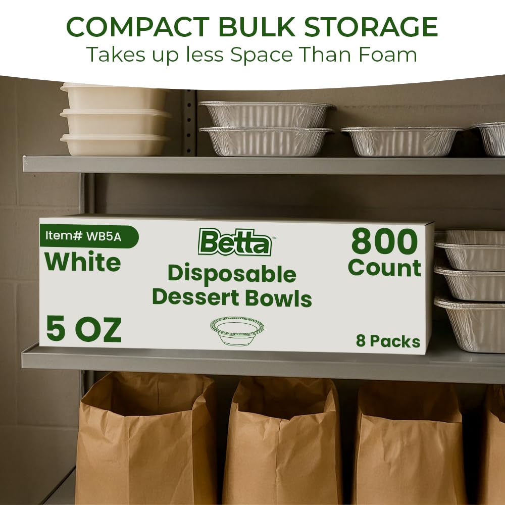 Betta 5 Oz Disposable Plastic Small Dessert Bowls, White, 800 Count, Bulk Case for Schools, Breakrooms and Cafeteria, Microwave Safe (8 Pack Per Box x100)
