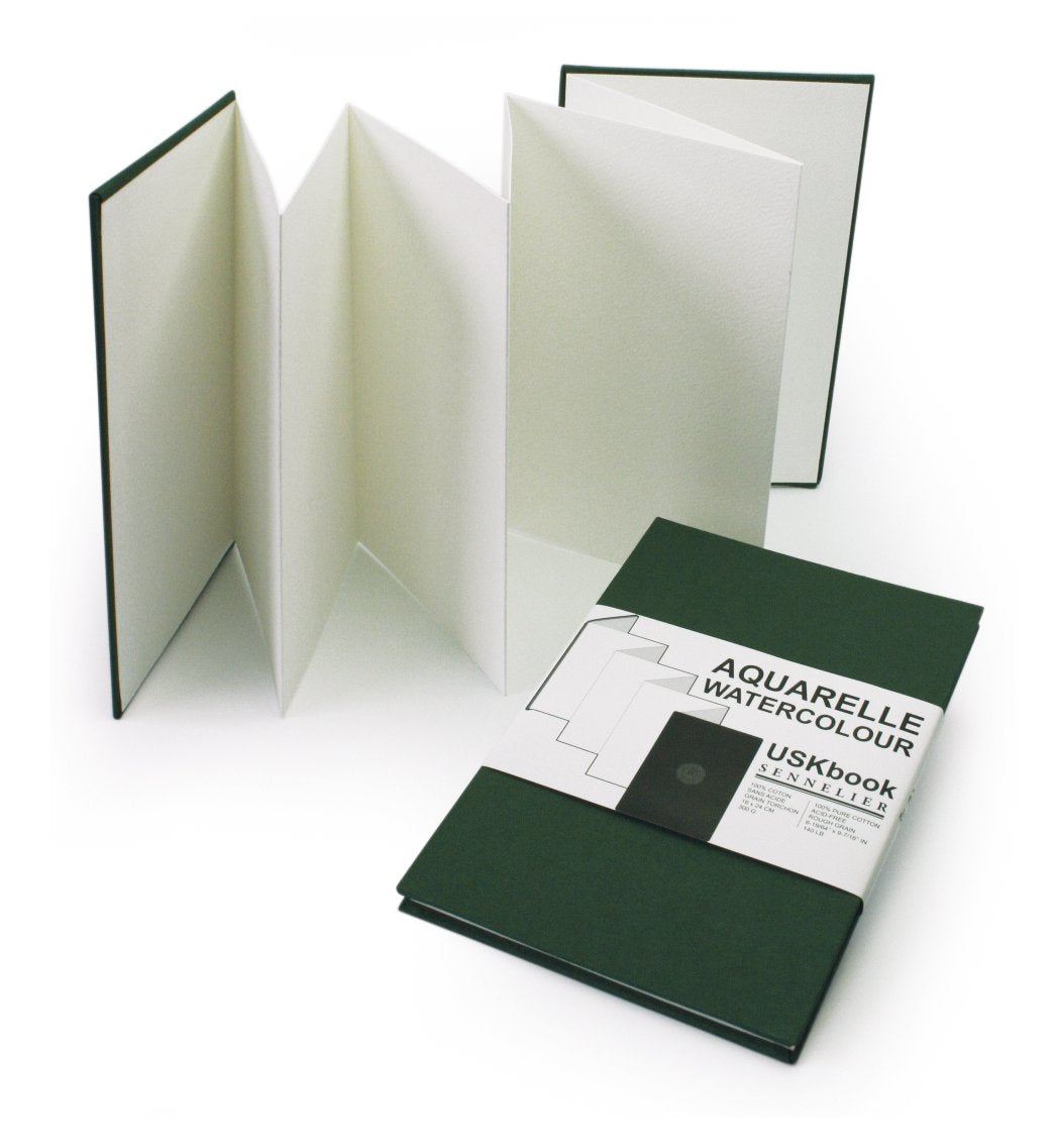 Sennelier USKbook - Watercolour Hardback Concertina - Green Linen Cover Book - Rough Grain - 300 GSM - 16 x 24 cm