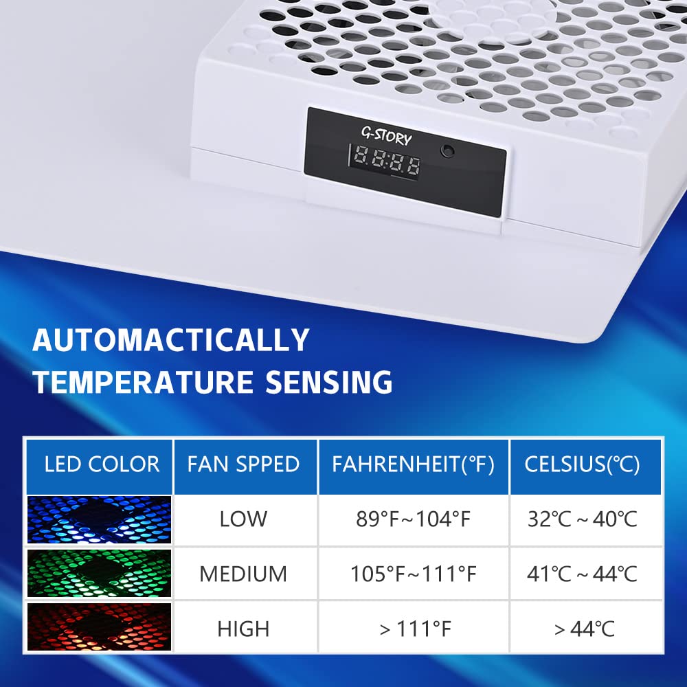 G-STORY PS5 Cooling Fan,PS5 Cooler System, Fan Speed Automactically Adjusted by Temperature(℃/℉), Low Noise, 3 Speed 1500/1750/2000RPM (140MM) with RGB LED (White)