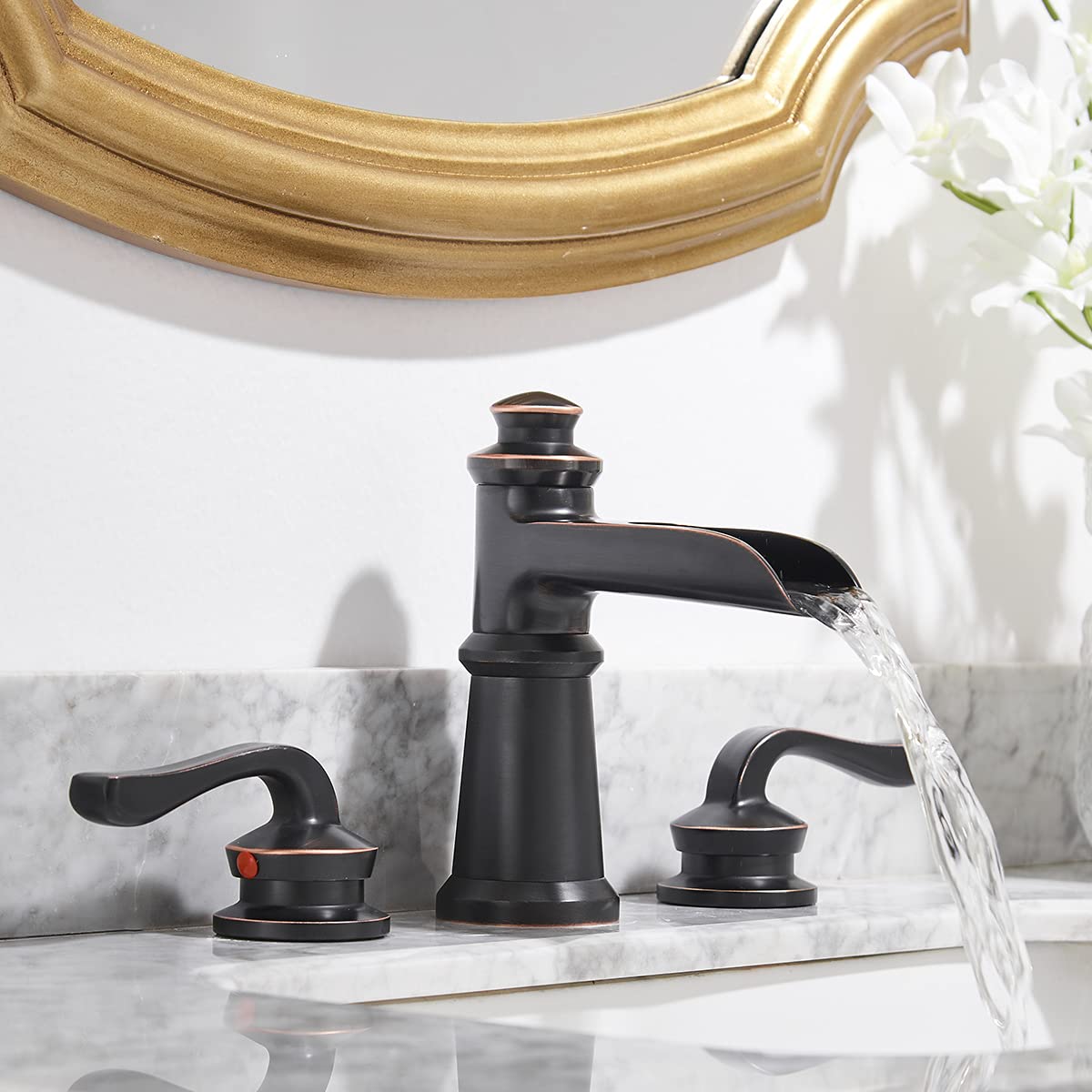 Homevacious Widespread Bathroom Faucet Oil Rubbed Bronze Waterfall 2-Handle with Pop up Drain Assembly Farmhouse 3 Holes 8-16 Inch Sink Rustic Mixer Tap Overflow Commercial Supply Line