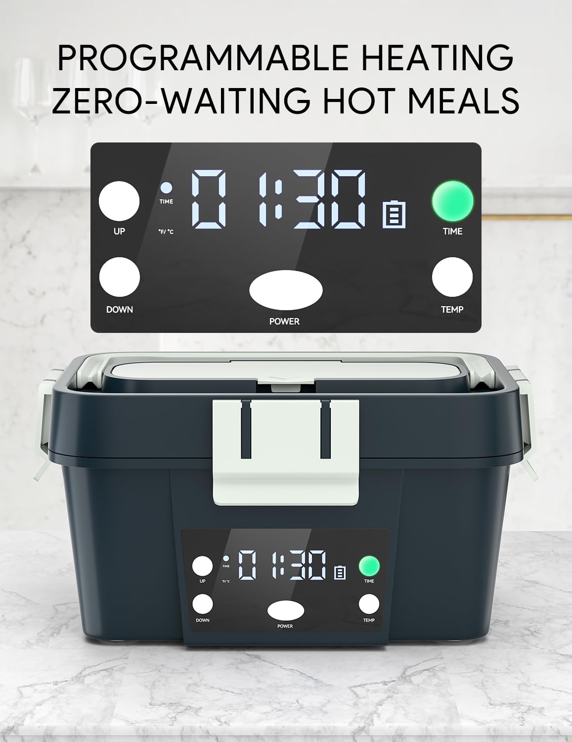 Heated Lunch Box Battery Powered with Automatic Heating, 16,000mAh Cordless Heatable Lunchbox for Adults, 1.6L Portable Food Warmer with Insulated Carry Bag Green