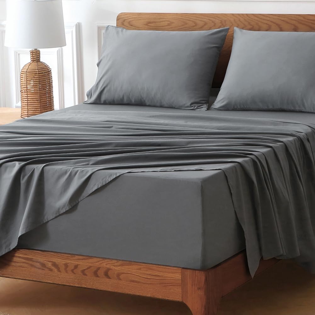 HYPREST Extra Deep Pocket Queen Sheet Sets Fits 18"-24" in Deep Mattress -100% Cotton Queen Sheet Set,Grey Hotel Luxury Soft Wrinkle Free Cooling Sheet Sets for Queen Bed Deep Pocket