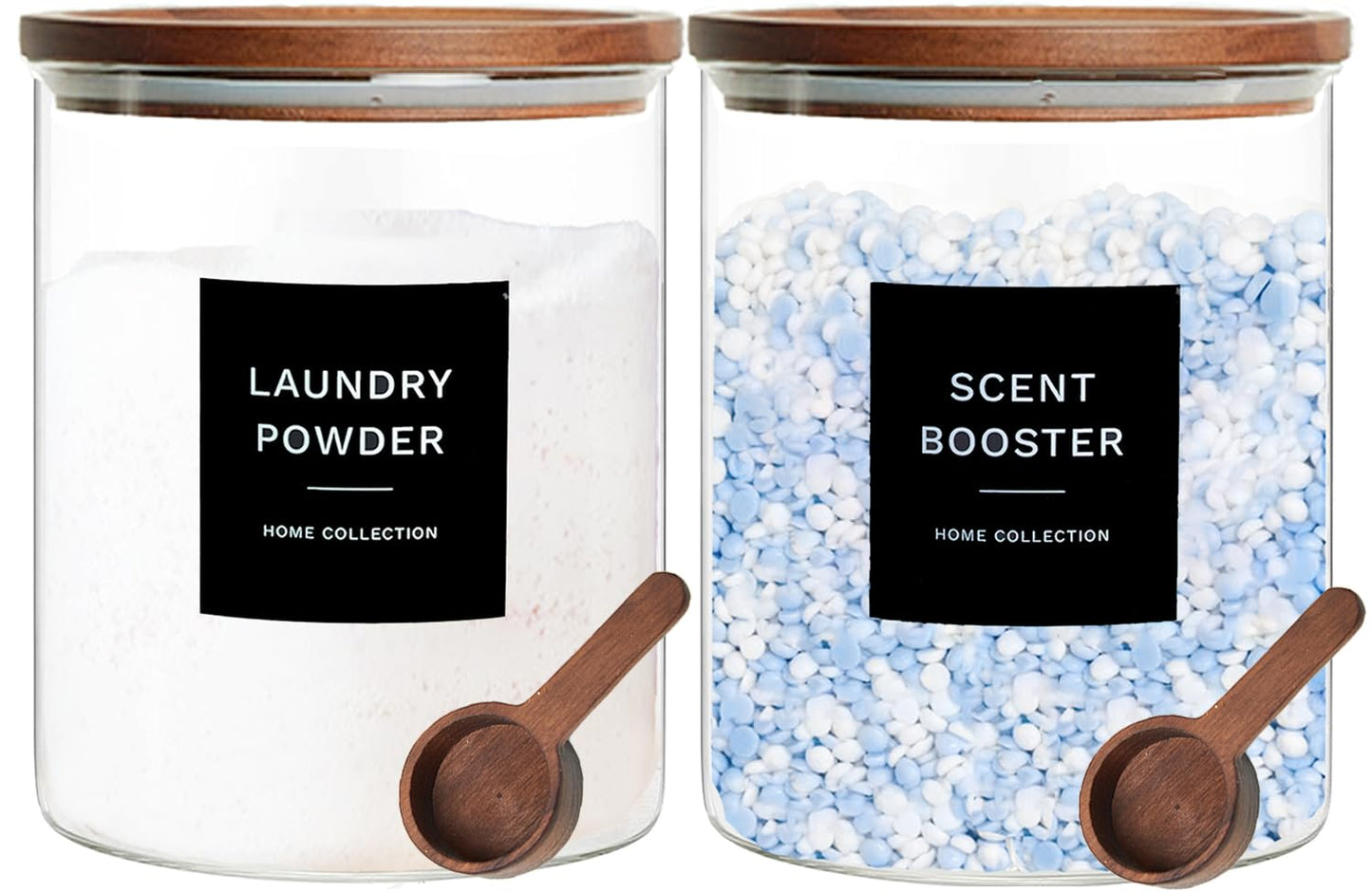 Glass Laundry Storage Containers with Acacia Lids and Scoops, 2 Pack Laundry Room Organization Jars with Labels, Powder Detergent Organizer and Laundry Pod Holder, Glass Laundry Beads Canisters Set
