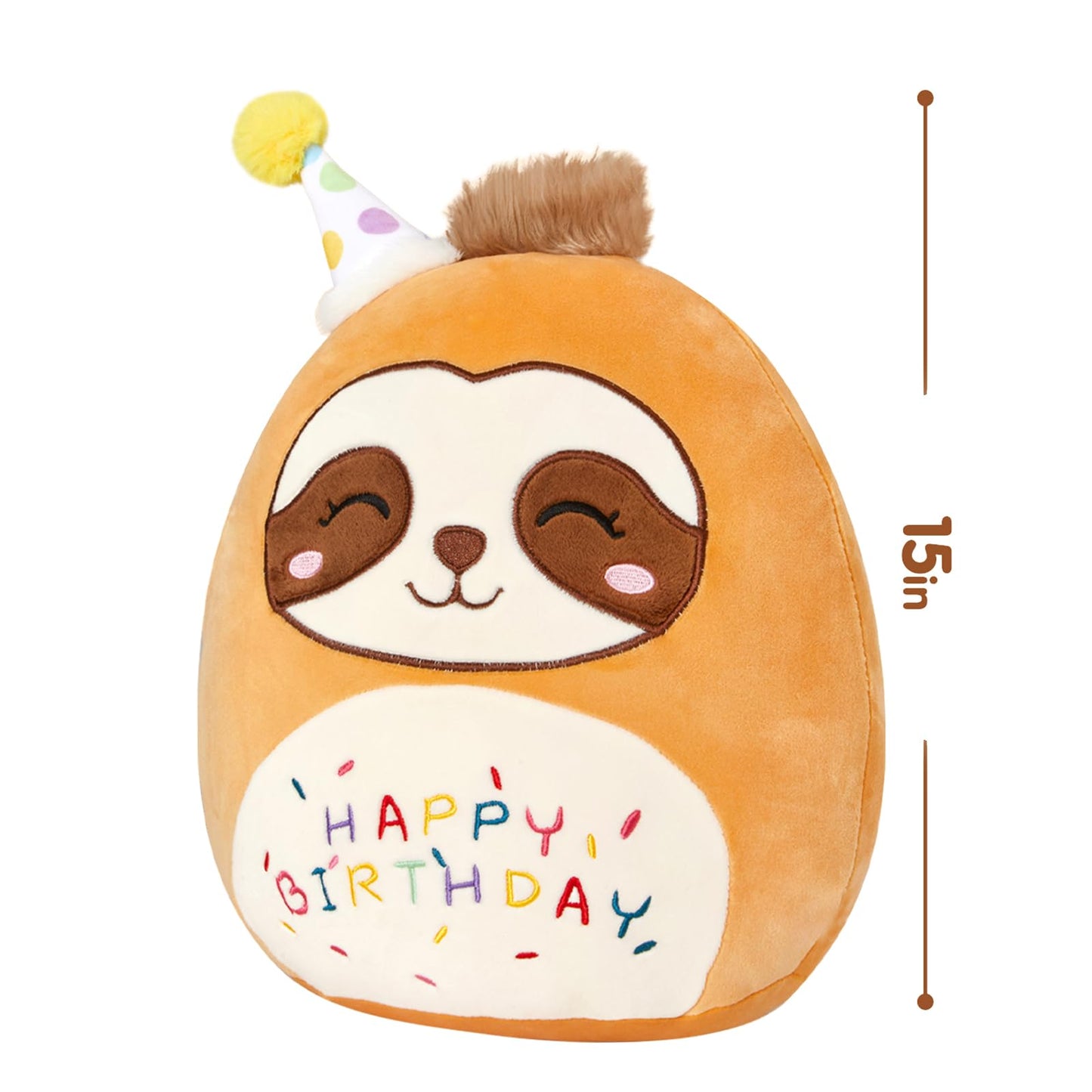 15" Birthday Sloth Plush Pillow Soft Sloth Plush Toy Cute Stuffed Animal Home Room Decoration Birthday Gift for Kids Toddlers Brown