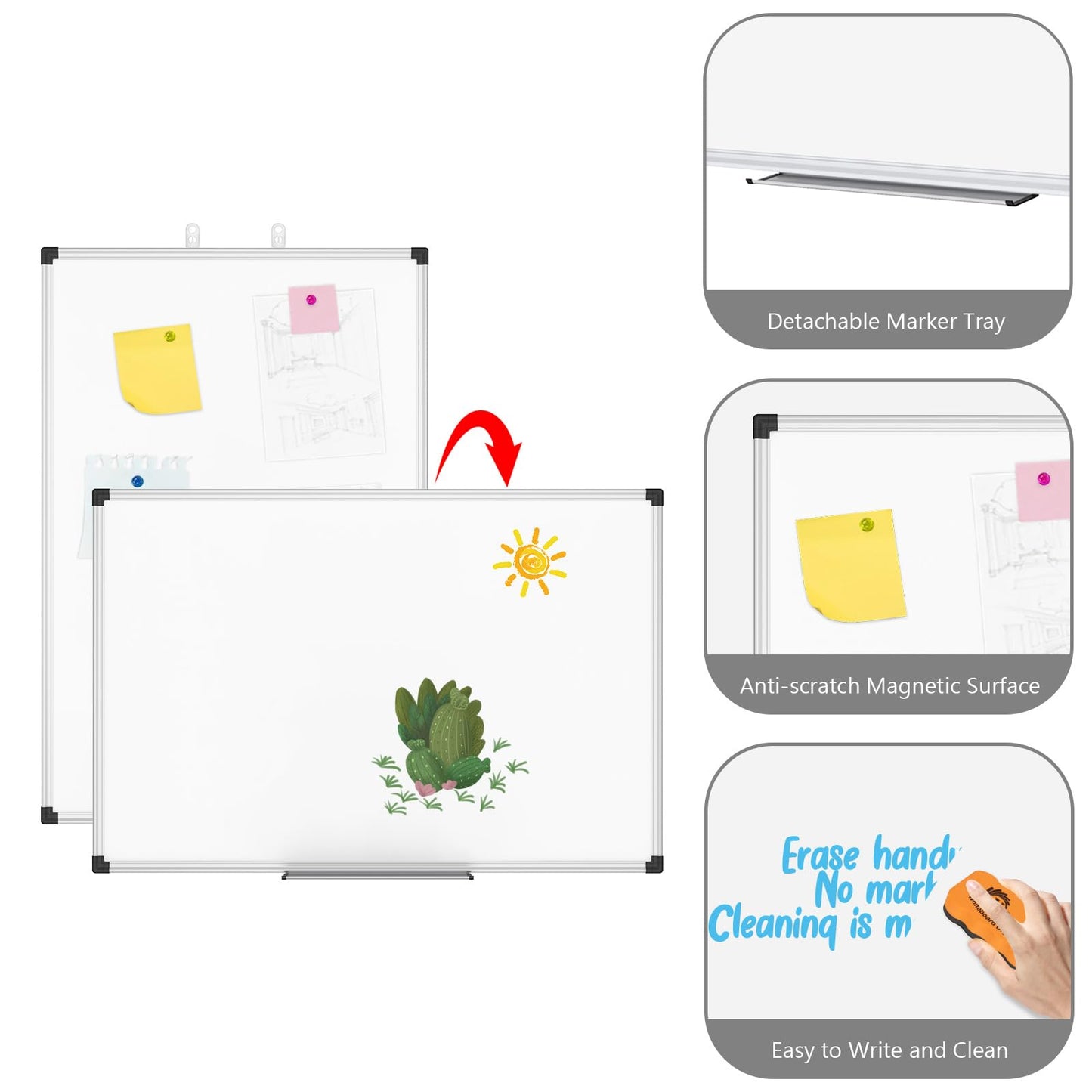 XBoard Magnetic Dry Erase Board 36 x 24 Inch, 3' x 2' White Board for Wall | Silver Aluminum Frame Presentation Board for Home Office Classroom (Pack of 2)