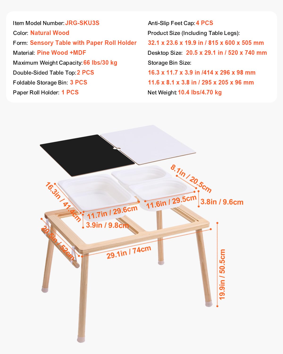 VEVOR Sensory Table, Kids Sensory Table for Toddlers, Kids Activity Desk with 3 Foldable Storage Bins & Paper Roll Holder, Wooden Toddler Activity Drawing Desk, Indoor/Outdoor Play Sand and Water