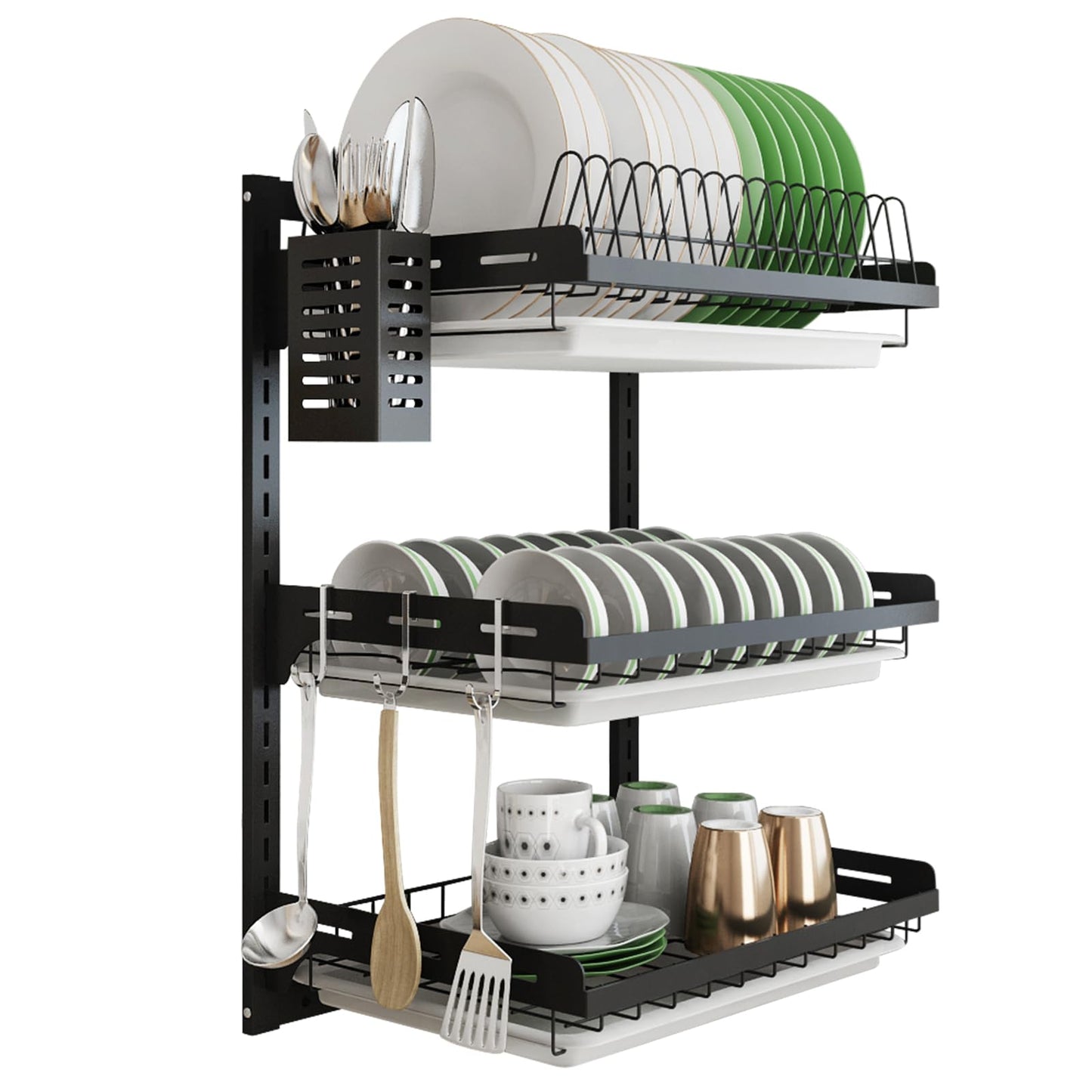 junyuan Hanging Dish Drying Rack Wall Mount,Dish Racks Drainer,3 Tier Kitchen Plate Organizer Storage Shelf with Drain Tray with 3 Hooks,Stainless Steel Black Large Ajustable Height