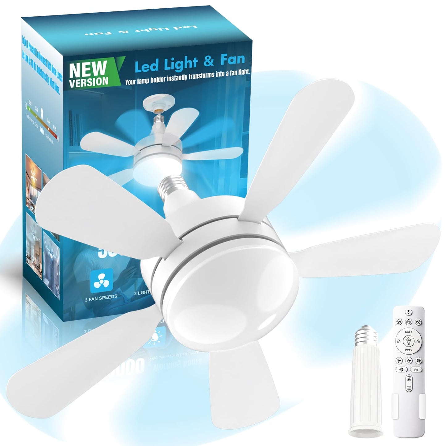 WZZIW 17.7" Socket Fan Light, 3000 Lumens Small Ceiling Fans with Lights and Remote, E26/E27 Light Bulb Fan with Reversible Motor, Dimmable 3000K-6500K Light Socket Fan for Bedroom Kitchen Garage