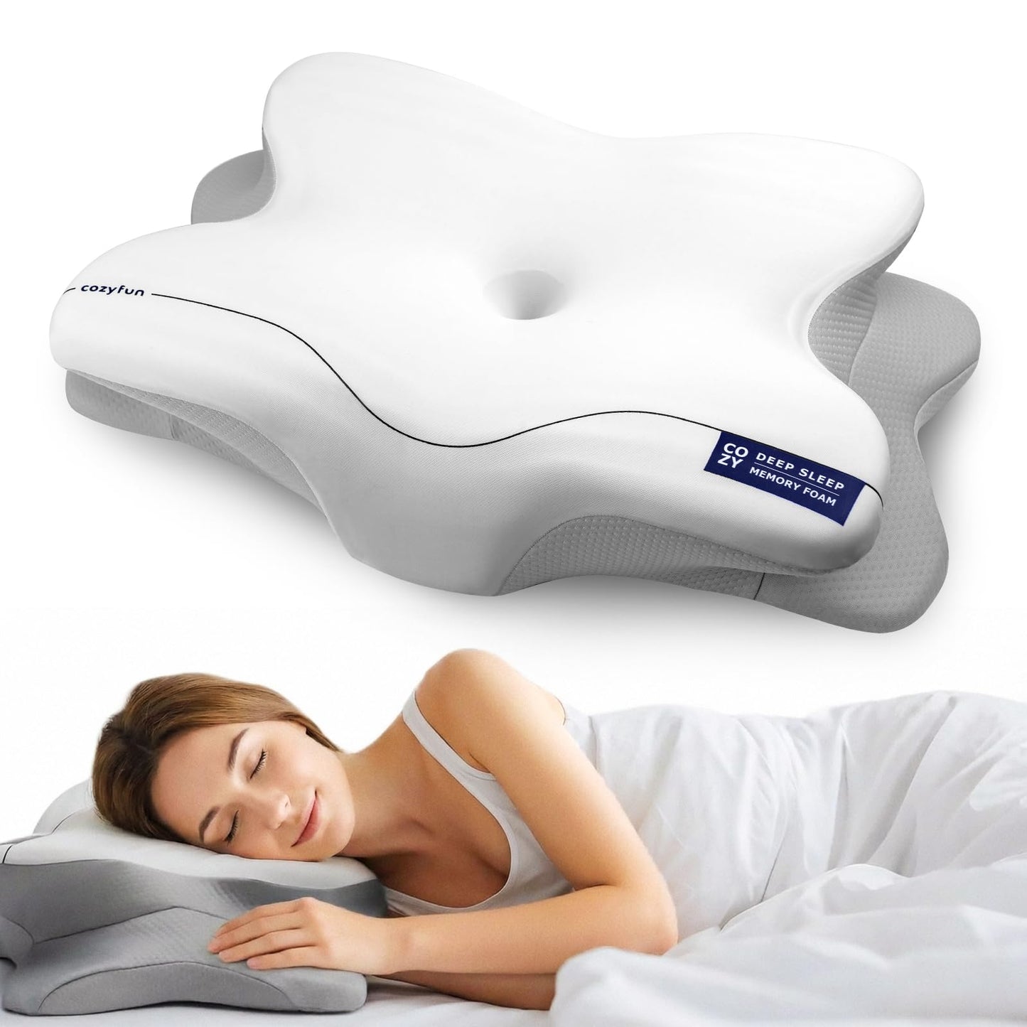Cozyfun Cervical Neck Pillow for Side & Back Sleepers, Ergonomic Memory Foam Pillow for Sleep Apnea, Neck Pain Relief, Neck Support Pillow with Washable Pillowcase, Supportive Bed Pillow for Neck