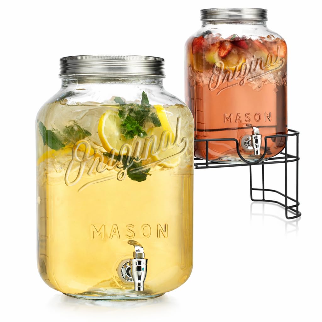 MosJos 2 GALLON Glass Drink Dispensers for Parties, 2 Pack Mason Jar Beverage Dispensers with Metal Stand, Glass Water Dispenser with Spigot, Laundry Detergent Dispenser