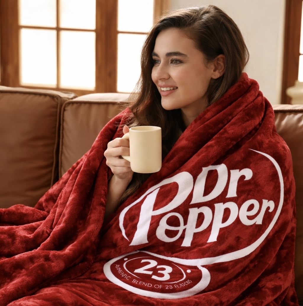 RMKA Dr Pepper Blanket 70x60 – Soft Thermal Flannel Fleece Throw, Soda Can Stuffed Plush Red Blanket for Couch, Bed, Car & Travel – Fun Home Decor Gift for Soda Fans.