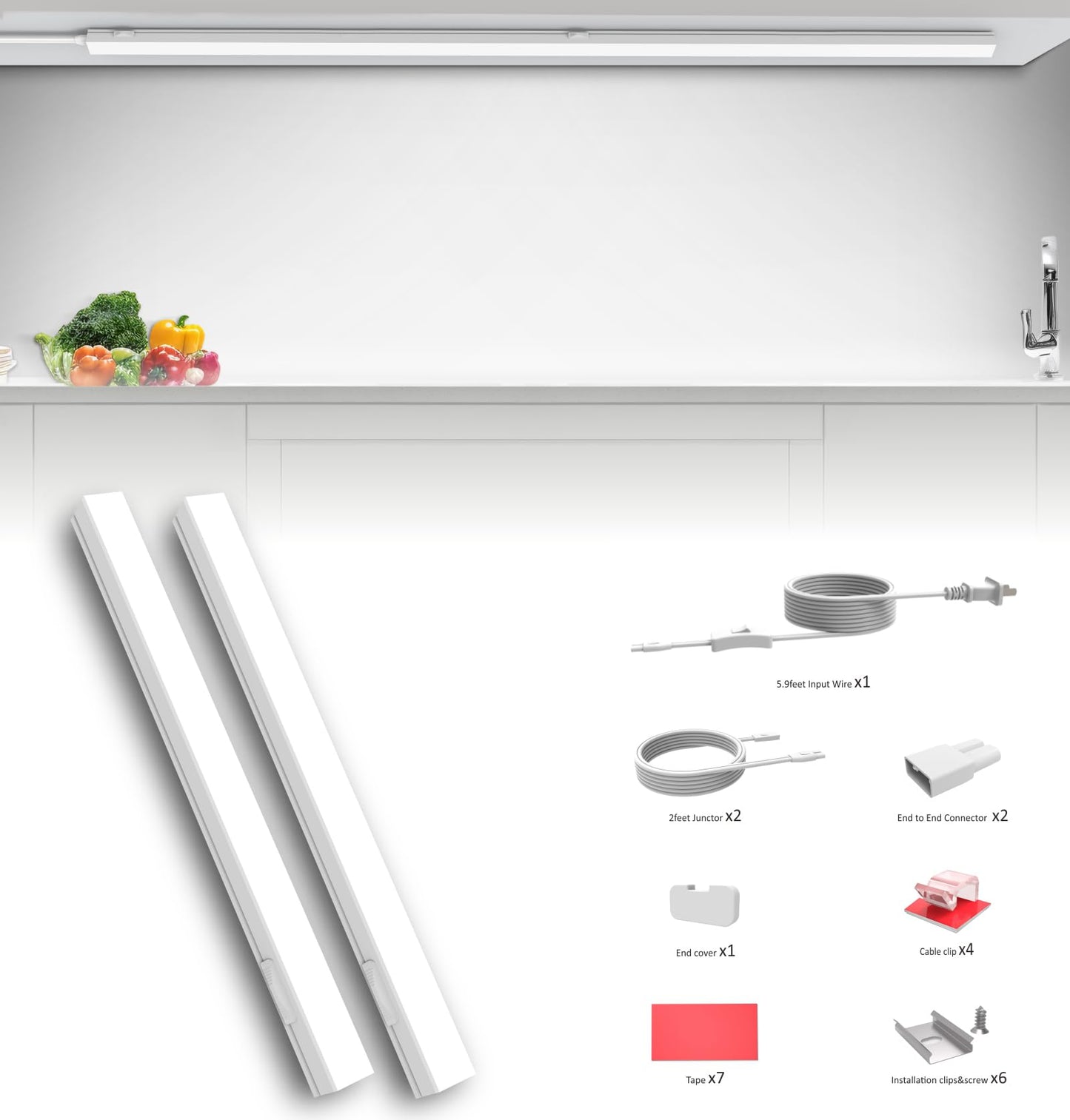 Leetdud Under Cabinet Lighting Plug in, 24 Inch 2 Pcs, Linkable AC120V 3CCT 3000K/4000K/5000K Ultra Slim, LED Under Cabinet Lights for Counter Light, Kitchen, Shelf, Sink, Workshop, Desk, White