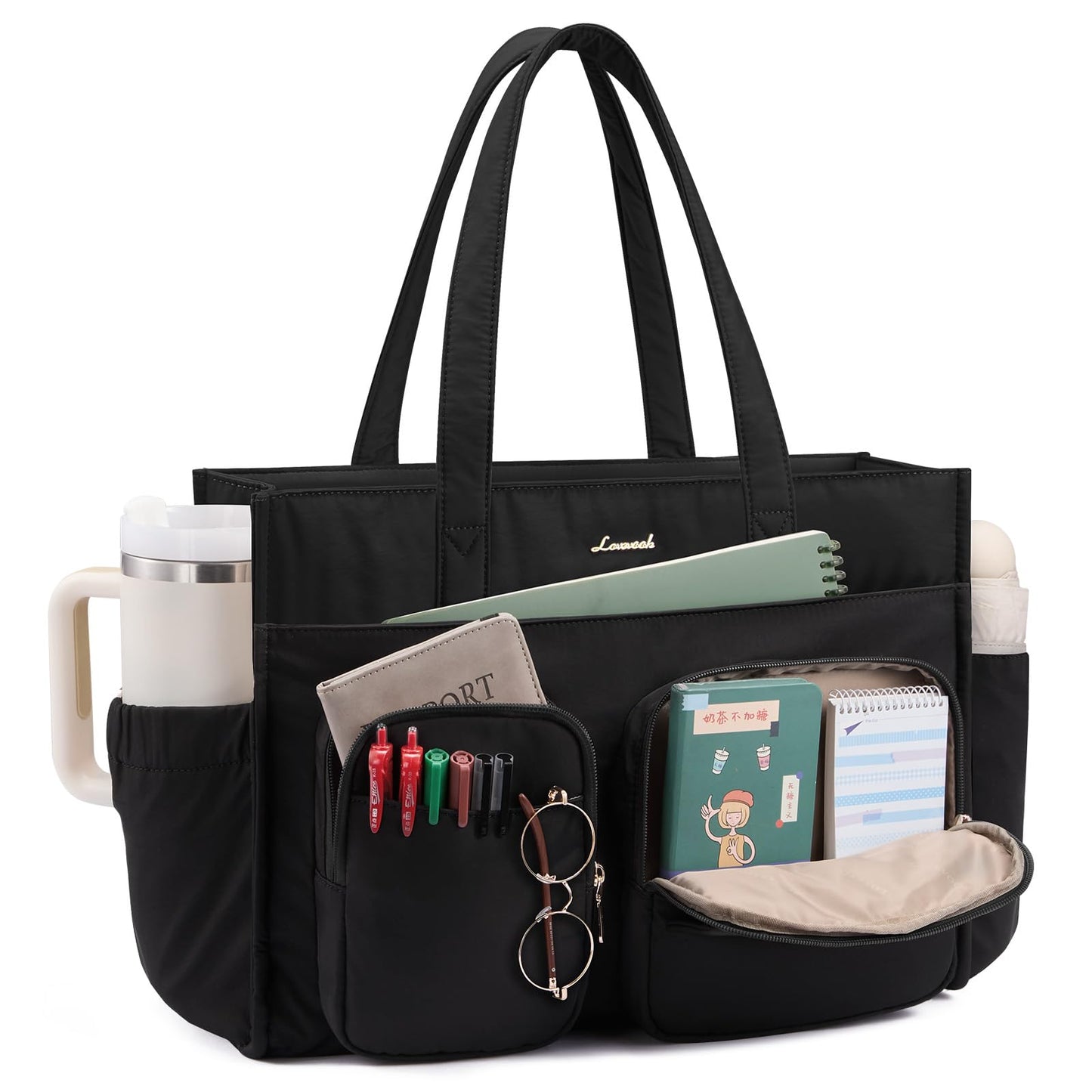 LOVEVOOK Teacher Tote Bag for Women, Multi-pocket Laptop Bag with Large Cup Holder, Nurse Bags Work Briefcase Computer Purse Handbag for Business Office College Travel