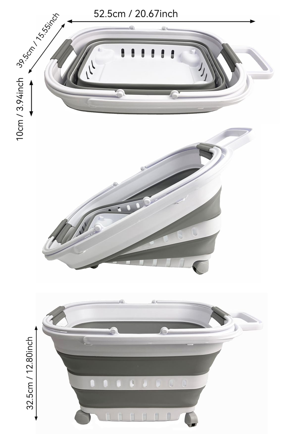 SAMMART 35L (9.24 Gallons) Collapsible Plastic Laundry Basket with Handle and Wheels - Foldable Pop Up Storage Container/Organizer with handle and wheels - Space Saving (1, White/Grey)
