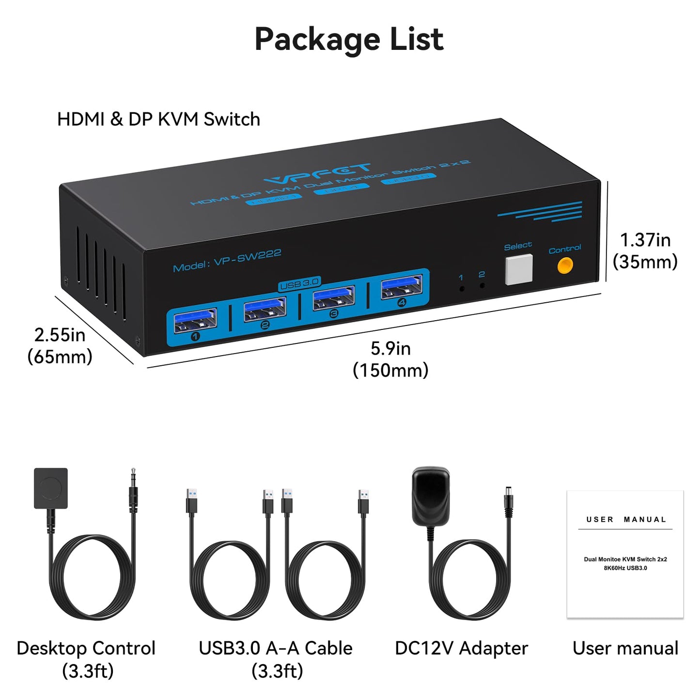 4K@120Hz Kvm Switch 2 Monitors 2 Computers 8K@60Hz HDMI Displayport Dual Monitor KVM Switches 2 Ports for 2 PC Share Mouse Keyboard and 2 Screens with USB 3.0 Cables and Extended Controller