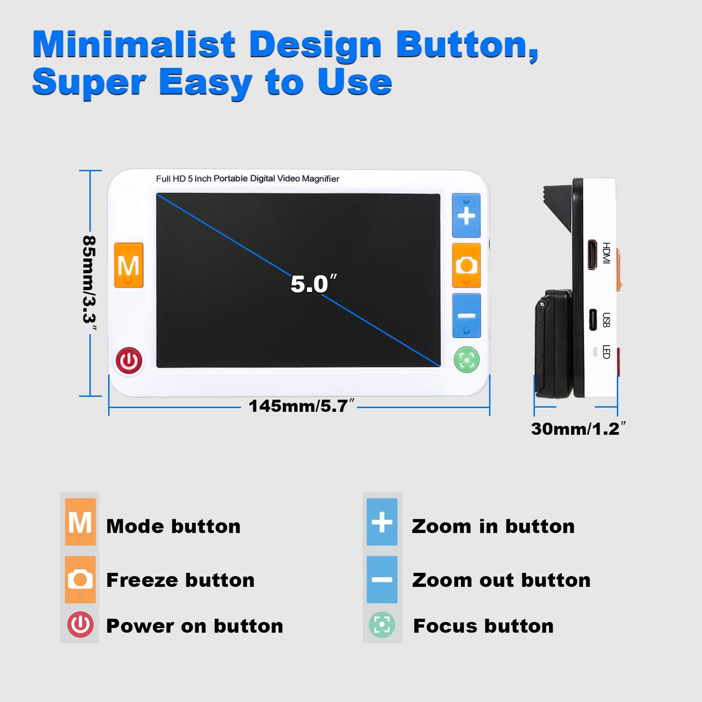 5 Inch Low Vision Aids, Electronic Auto Focus Reading Aid Simplified Buttons Digital Video Magnifier for The Visually Impaired, Low Vision, Color Blindness, Amblyopia
