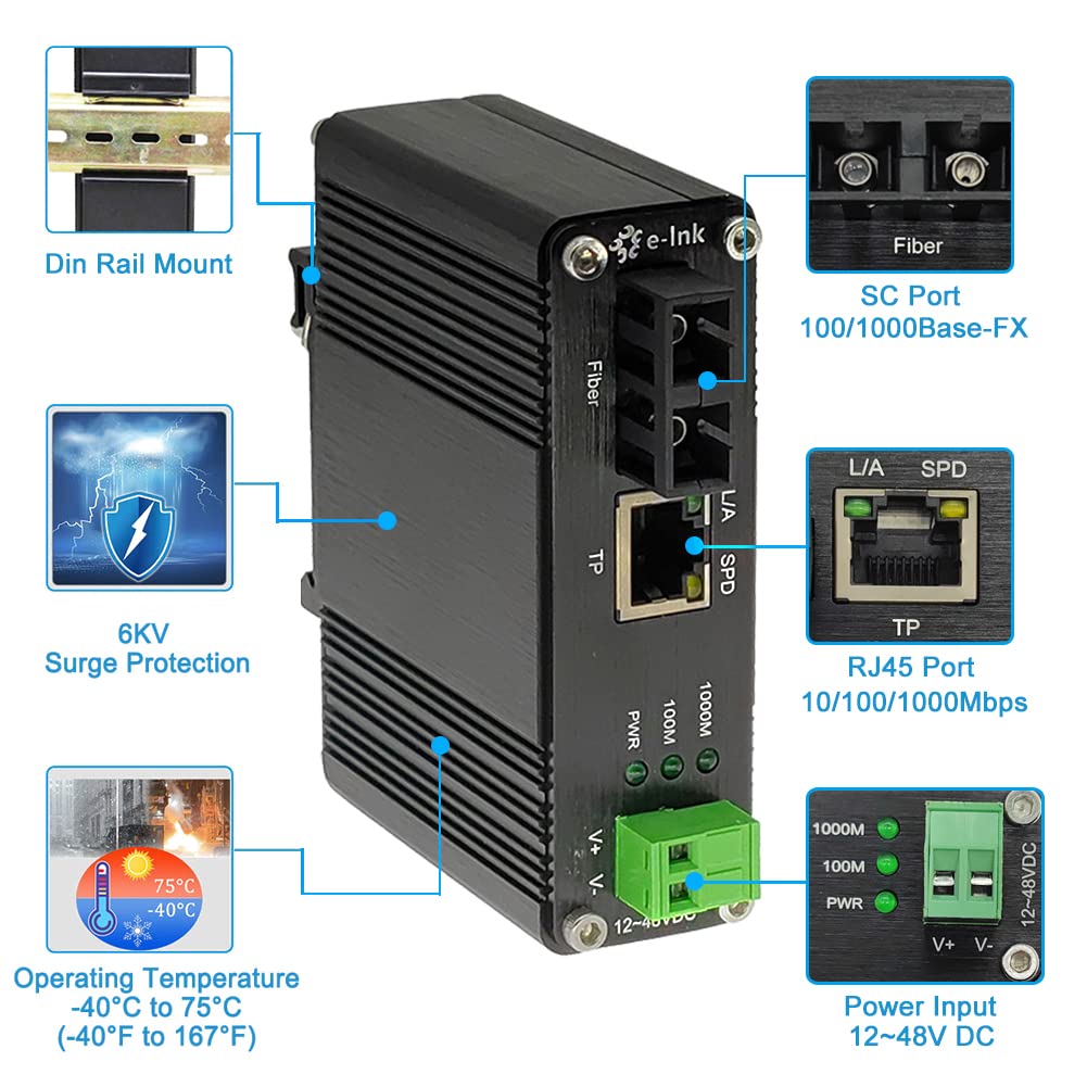 Steloproad Mini Industrial Gigabit Media Converter Hardened 10/100/1000Mbps RJ45 Ethernet Optical Transceiver with 100/1000Base-FX SC Port Auto Detection Up to 20km Over Single Mode Fiber 12~48V DC