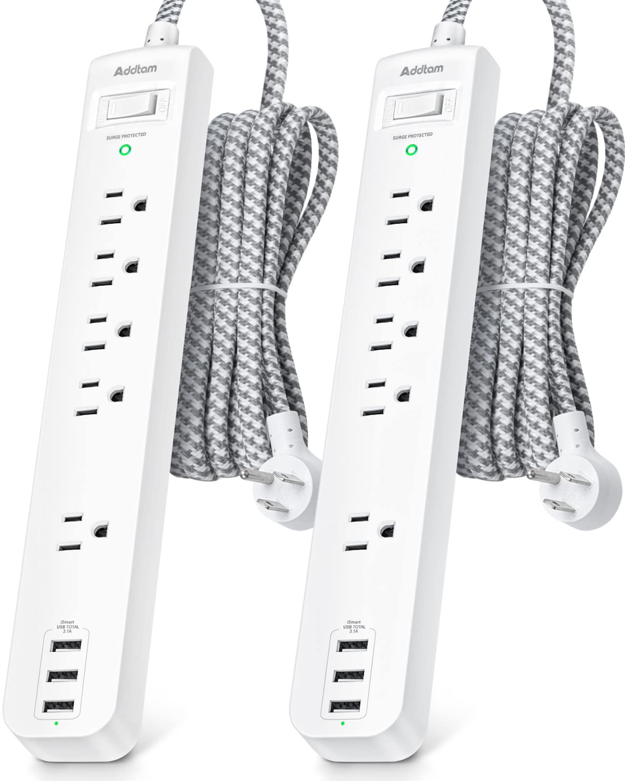 Surge Protector Power Strip - 10 FT Long Extension Cord with 5 Widely AC Outlets 3 USB Ports, Flat Plug with Overload Surge Protection for Home, Office, Dorm Essentials (2 Pack)