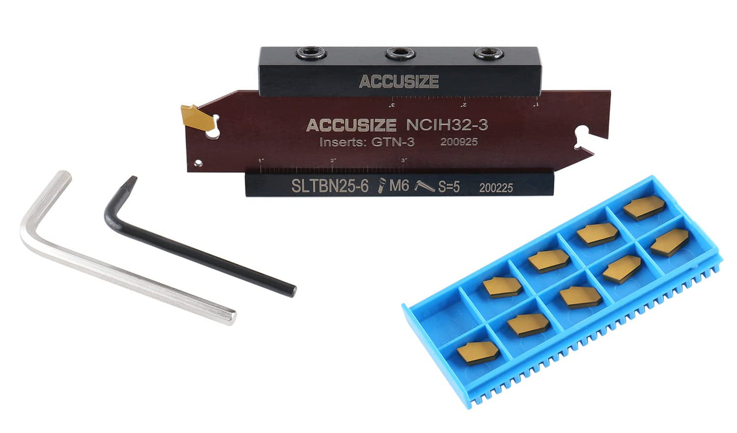 Accusize Industrial Tools 1'' Self-Lock Block Sltbn25.4-6 with 10 Pcs Gtn-3 Carbide Inserts and 1 Pc 0.120'' Width Ncih32-3 Blade, 2410-1010