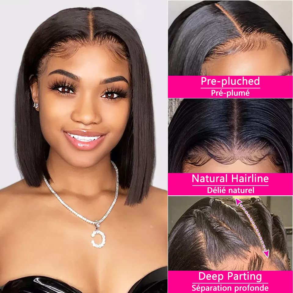 Qangelabeauty Short Bob Wig Human Hair 13x4 Frontal Bob Wigs Human Hair Pre Plucked wigs for Black Women Bob Lace Front Wigs Human Hair 10 Inch 180% Density with Baby Hair Natural Color