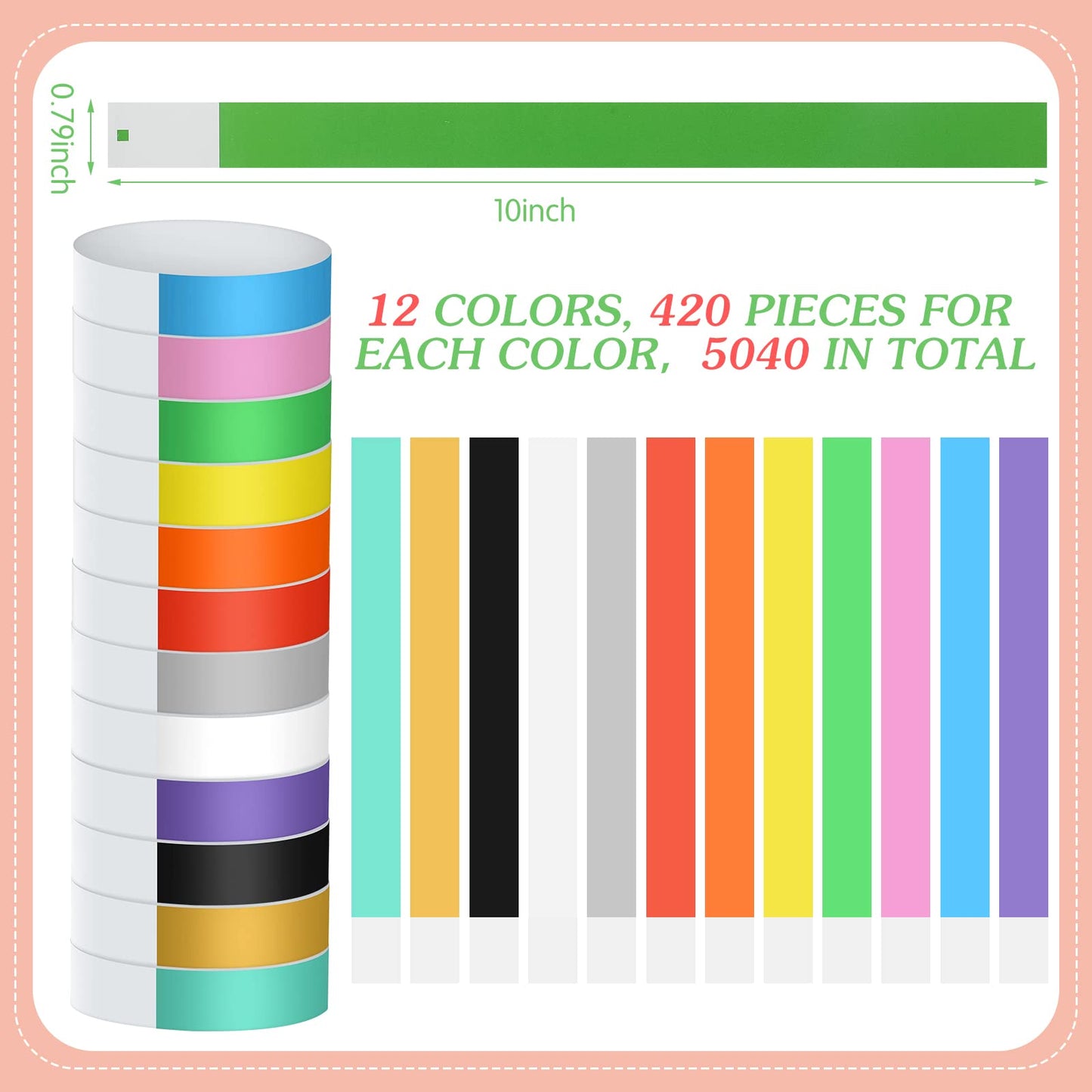5040 Counts Paper Wristbands for Events Colored Wrist Bands Bulk Neon Paper Bracelets 12 Colors Waterproof Lightweight Adhesive Armbands for Party Music Festivals Concerts
