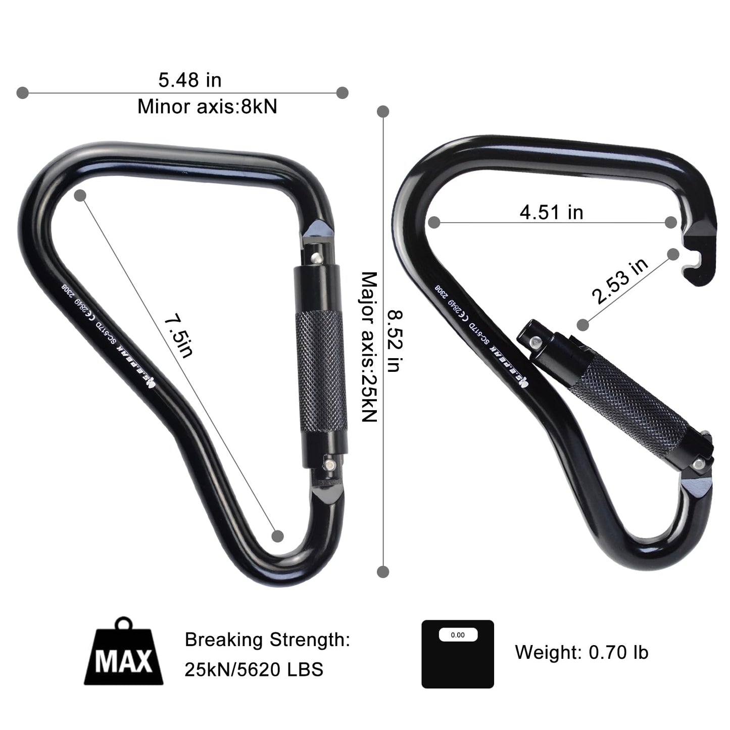 S.E.PEAK 25kN Large Aluminum Auto Locking Ladder Hook, Professional CE Certified Heavy Duty Lightweight Clip for Tower, Ladder, Fall Protection/Huge Opening Gate,Black