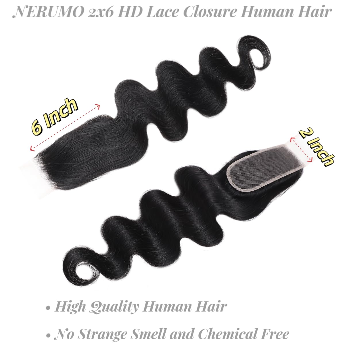 2x6 HD Lace Closure Body Wave Human Hair Transparent 2 by 6 HD Lace Closure 18Inch 100% Brazilian Virgin Unprocessed Middle Part Human Hair Kim K Closure With Baby Hair Natural Color