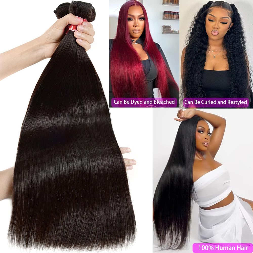 Straight Human Hair Bundles 12A Brazilian Human Hair 3 Bundles 100% Unprocessed Virgin Human Hair Weave Bundles for Black Women Straight Bundles Human Hair Extensions Natural Black Color 20 22 24 Inch