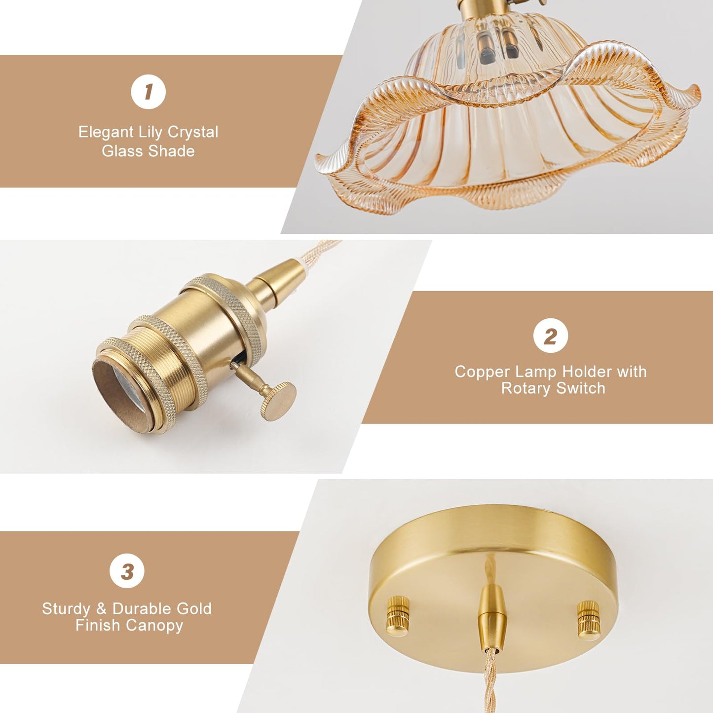 Vintage Pendant Lights Kitchen Island 3 Pack, Adjustable Pendant Light Fixtures with Amber Lily Glass Lampshade, Gold Kitchen Pendant Lighting Over Island, Pendant Light for Dining Room Hallway