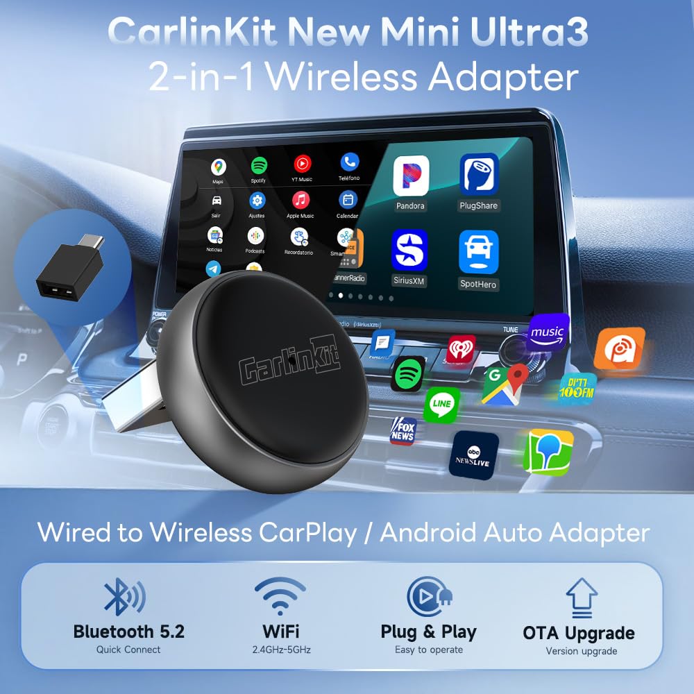 Carlinkit Wireless CarPlay Adapter & Android Auto Mini Ultra3, 2-in-1 Mini USB Desgin with OEM Car Models, Plug and Play/Low Latency Portable/Auto Connect, Compatible with iOS 10+ & Android 11+