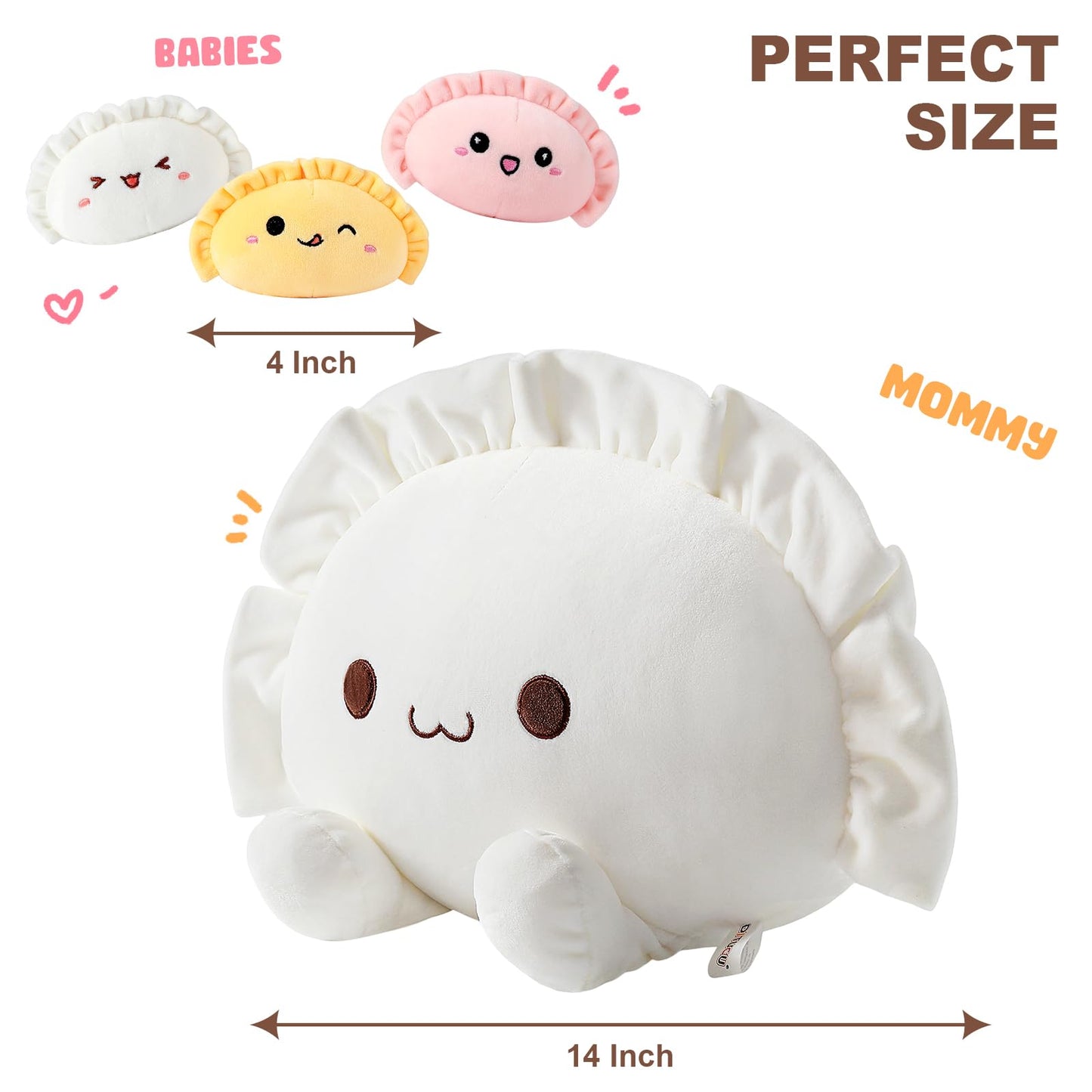 Ditucu Cute Pierogi Pillow Dumpling Plush Mommy 14 inch with 3 Littles 4 inch Family Food Shaped Stuffed Animal Plushies Toys Gifts for Kids