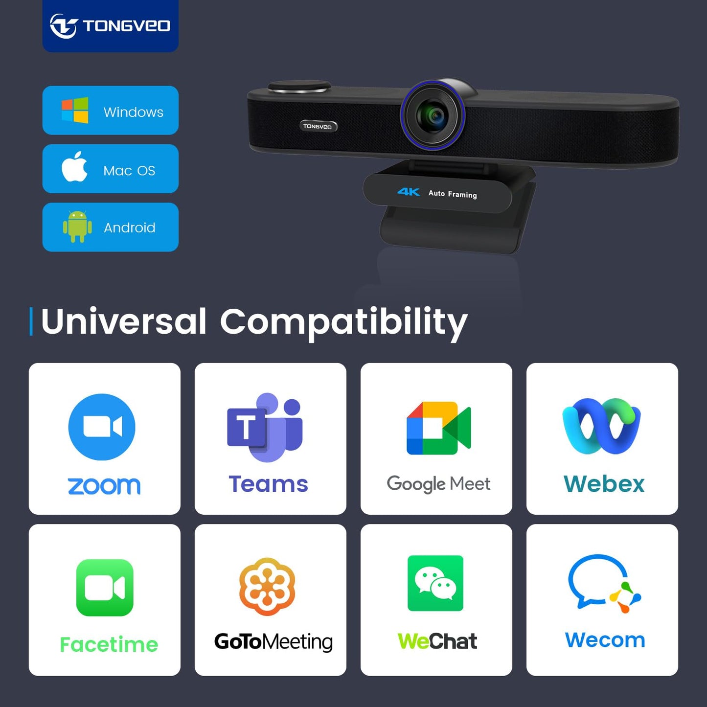 3-in-1 4K Webcam with Microphones and Speaker, AI Auto-Tracking 5X Digital Zoom Webcam 4K Adjustable Field of View Remote Control Works with Microsoft Teams, Zoom, Google Meet, PC Mac Laptop
