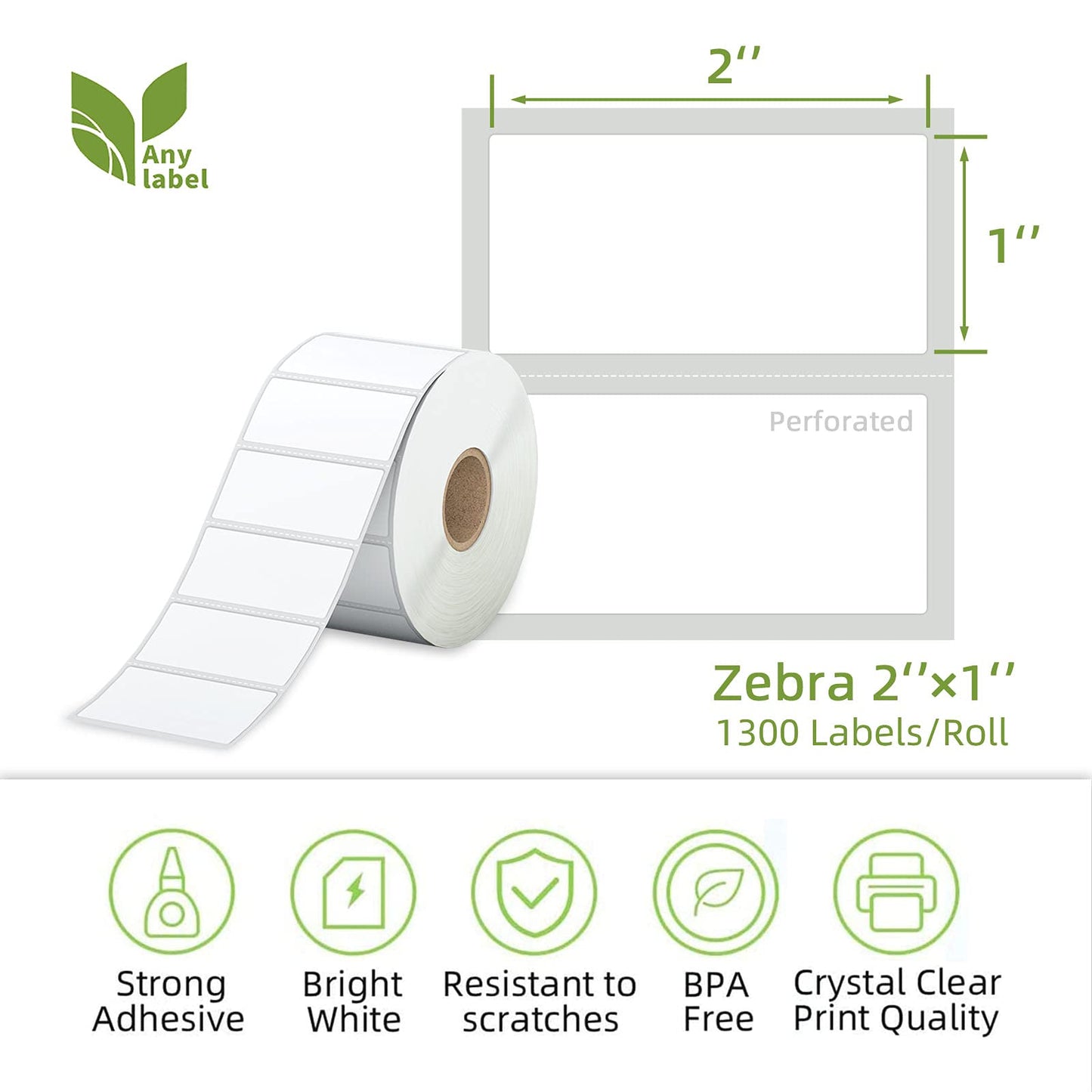 Anylabel 2" x 1" Direct Thermal Label, Paper for Barcodes Postage Address Perforated & Compatible with Rollo, Zebra, Munbyn, Nelko Printers(12 Rolls, 1300 Labels/Roll)