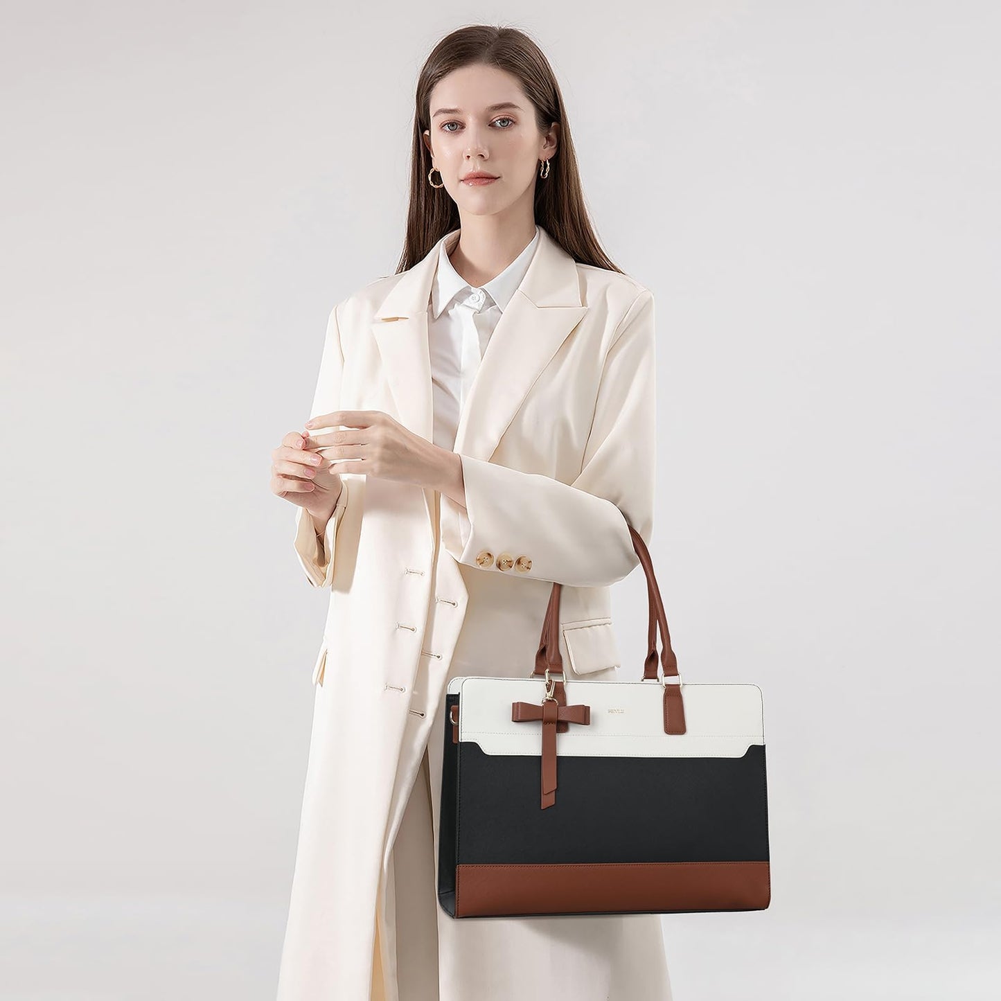 Keyli 3pc Sets Laptop Bag Work Bags for Women,15.6 Inch Laptop Tote Bag Purses Waterproof Vegan Leather Computer Briefcase Professional Business Shoulder Handbags for Teacher Office Travel White Brown