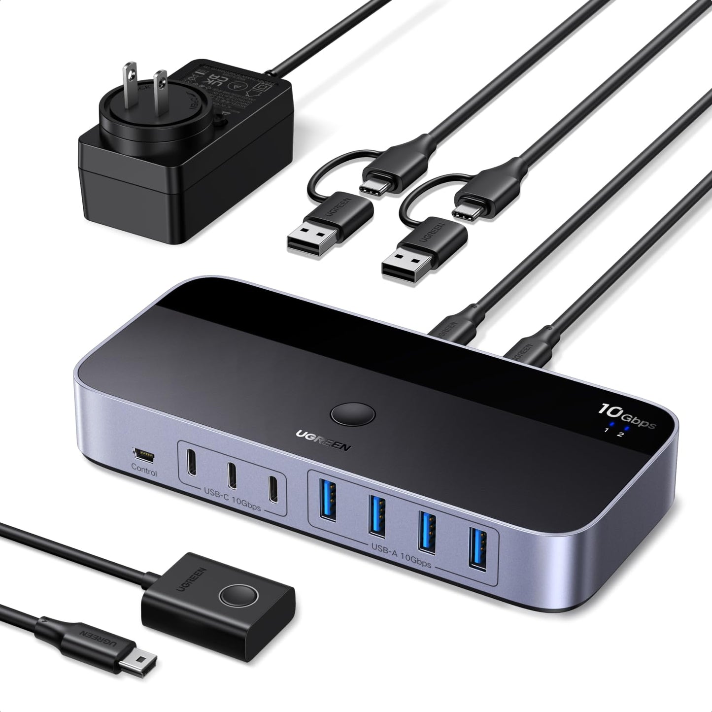 UGREEN 2-in 7-Out USB 3.2 Switch, 10 Gbps Switcher for A or C Computers Sharing All Devices(4 A+3 C) Keyboard Mouse Switch with Type C Converter Adapter,Power Adapter