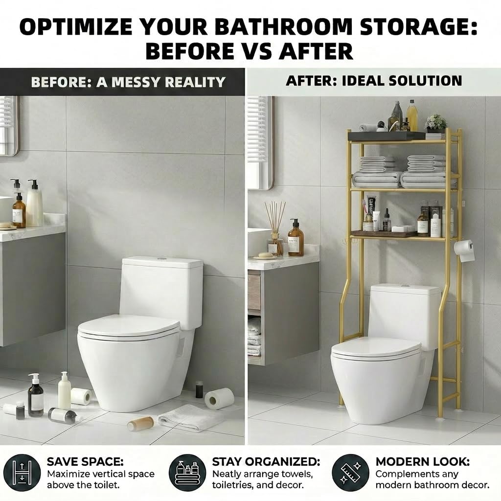GloTika 3-Tier Over Toilet Storage with Anti-Tilt Safety System - 150lb Total Capacity Metal Bathroom Shelves Including Paper Holder & 4 Hooks, Space Saving Above Commode Organizer (64" H, Gold)