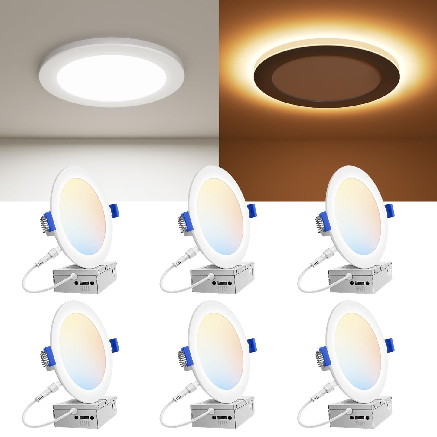 VOLISUN 6 Pack 6 Inch 5CCT Recessed Light with Night Light,Canless LED Recessed Lighting 6 inch,2700K-5000K Selectable,12W=130W,1080LM Dimmable Recessed Ceiling Wafer Lighs,ETL Certificated