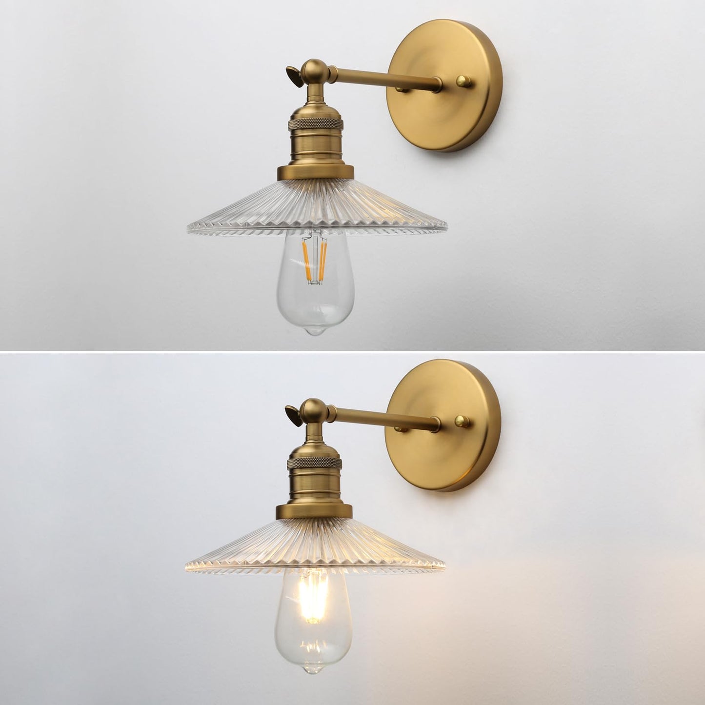 JIMUBEAM Industrial Vintage Wall Sconce 1-Light with Funnel Ribbed Clear Glass Shade, Indoor Wall Mounted Lamp Fixture for Living Room Bedroom Bathroom Over Kitchen Sink