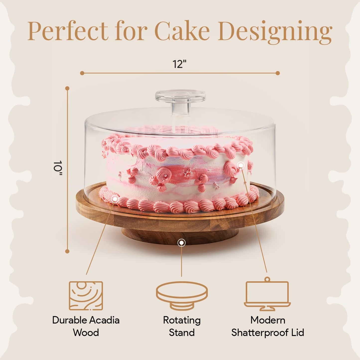 Homesphere Rotating Cake Stand with Lid - 12 Inch Round Cake Holder with Cover, 4” Tall, Acacia Wood Spinning Cake Turntable for Decorating, Display and Serving Platter, Acrylic Cake Dome, No Glass