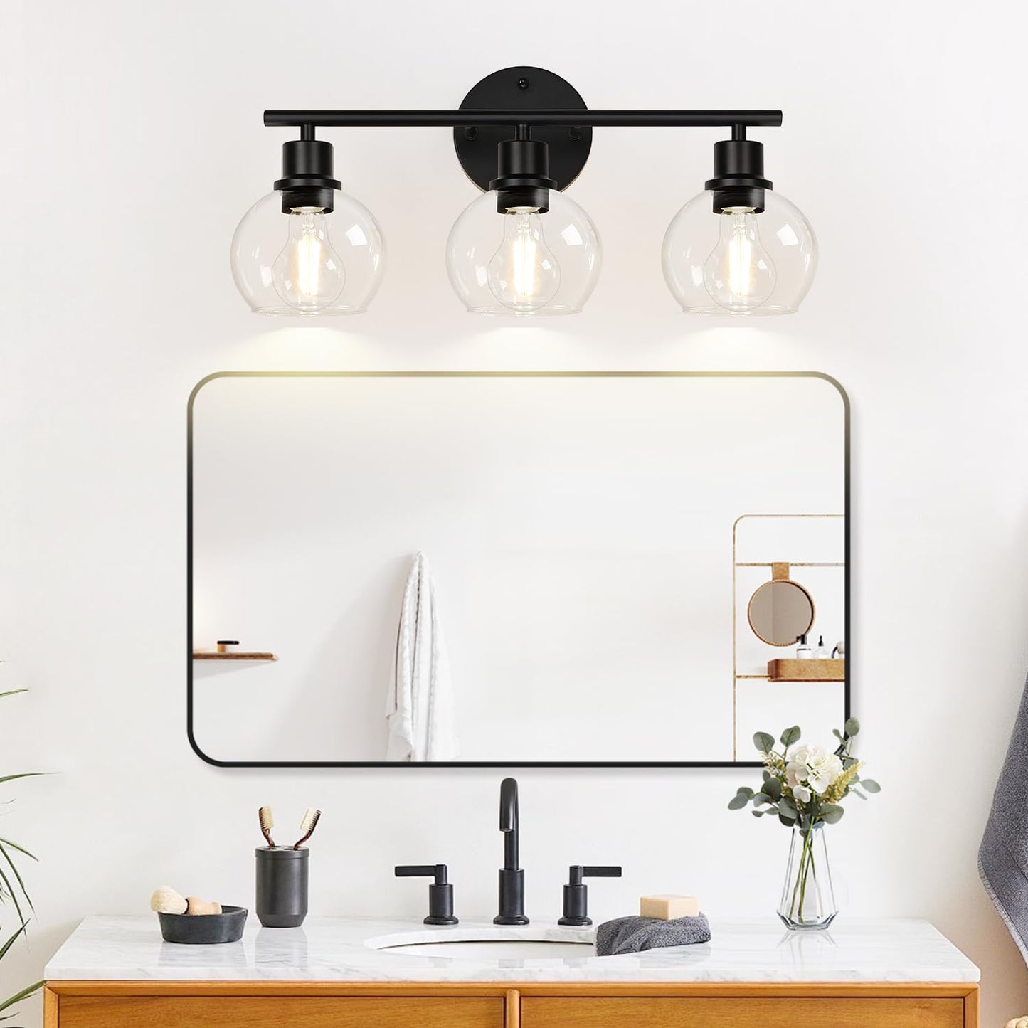 Indoi 3-Light Bathroom Light Fixtures, Black Bathroom Lights Over Mirror with Clear Glass Globe Shade, Vanity Lights for Bathroom Kitchen Living Room Hallway Cabinet Bedroom Porch.