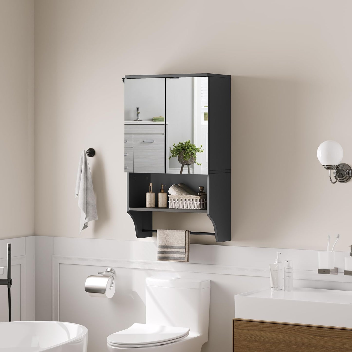 MAHANCRIS Bathroom Wall Cabinet with Mirror, Medicine Cabinet with 2 Door and Adjustable Shelf, Wall Mounted Over The Toilet Storage Cabinet with Towel Bar for Bathroom Laundry Room Kitchen, Black