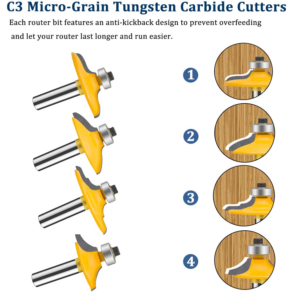 TAIWAIN Router Bit Set 4PCS 1/4 Inch Shank Door&Drawer Front Edging Bits, Miter Frame Crown Molding Wood Milling Cutter Router, Woodworking Miter Carbide CNC Cutting Tool for Woodwork(F-1-4MG)
