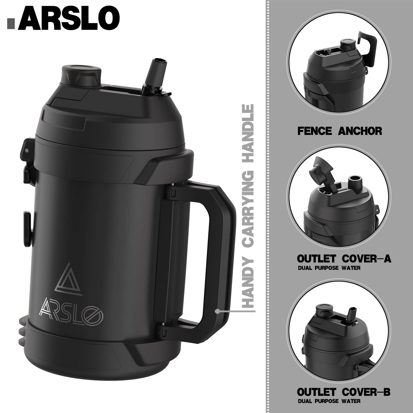 Arslo Sports Water Jug - Gallon Water Bottle - Large Insulated Stainless Steel Bottle for Gym, Workouts, Basketball, Football, Soccer - Keep Water Cold for Up To 24 Hours - 108 Ounce (Black)