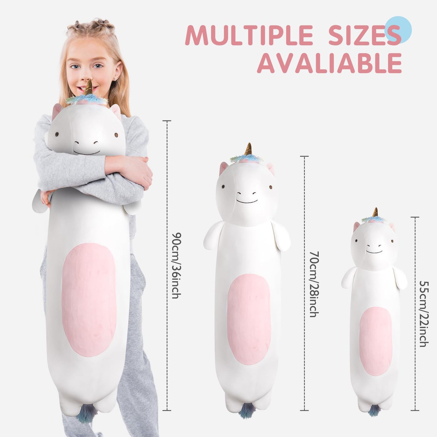 Tianmihou 36” Long Unicorn Plush Body Pillow, Cute Rainbow Unicorn Stuffed Animals, Unicor Squishy Soft Plushies Toy, Gifts for Kids Girls and Boys, Birthday, Valentine's Day
