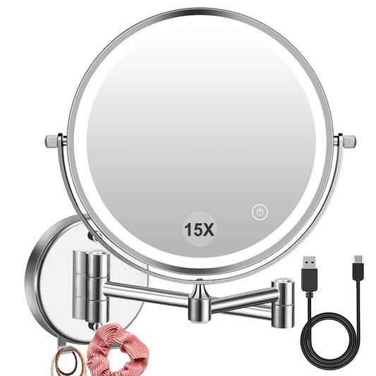 Amelar 1X/15X Wall Mounted Makeup Mirror with Hook, USB Rechargeable LED 3 Color Lights Two Sided 8 Inch Magnifying Mirror, Touch Switch Intelligent Shutdown 360° Vanity Mirror for Bathroom Hotel