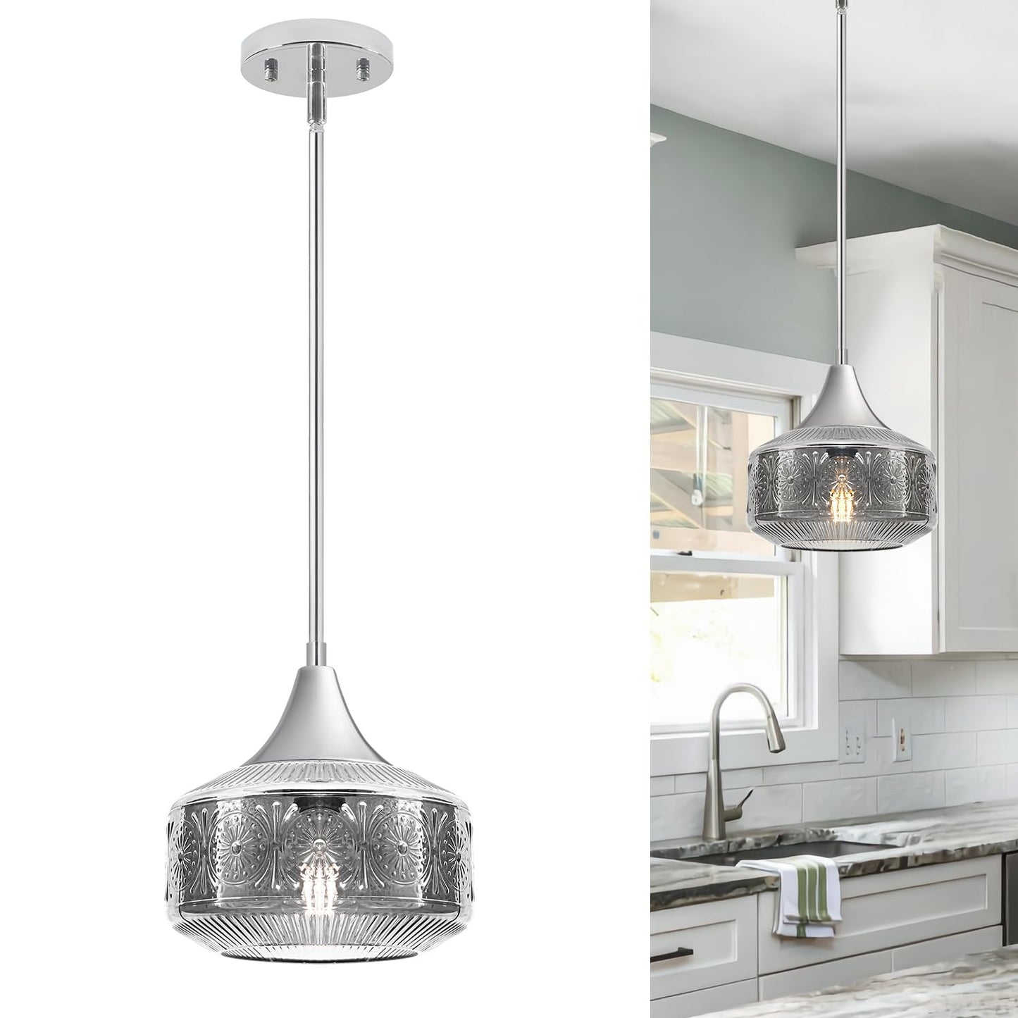 Modern Chrome Pendant Lights Kitchen Island, 9 Inch Smoke Grey Glass Pendant Light with Adjustable Hanging Rod, E26 Socket, for Kitchen Island Lighting, Bathroom, Hallway & Entryway Home Decor
