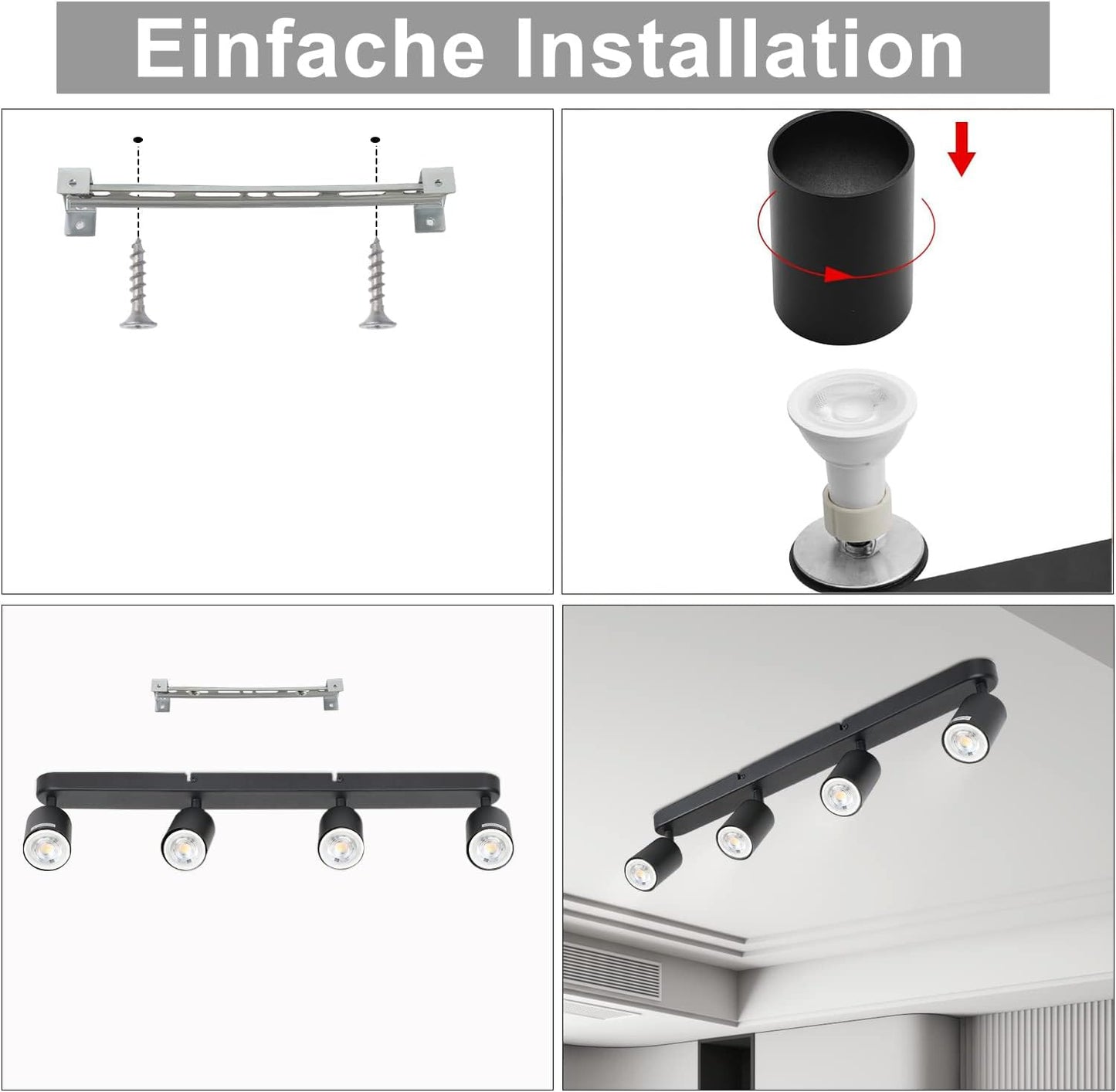 SGGSHENNAN 4 Way Track Lighting Kit Flexibly Rotatable Track Light Ceiling Kitchen LED Ceiling spot Light for Bedroom, Picture Wall, Hallway, Office, Bar, GU10 Socket (Black-4)