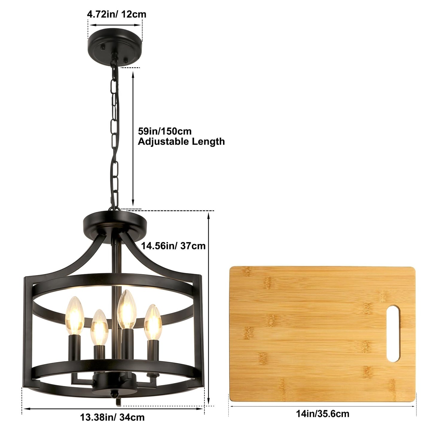 WBinDX 4-Light Farmhouse Chandelier, Modern Hanging Pendant Lighting, Convertible Semi Flush Mount Ceiling Light Fixture Rustic Vintage Black Chandeliers for Dining Room Kitchen Foyer Entryway