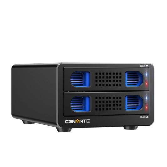 CENMATE Aluminum Dual Bay Hard Drive Enclosure with Cooling Fan for 2.5“/3.5" SATA HDD/SSD with USB A/C 3.0, Support Hot Swappable, Daisy Chain Expansion, Tool-Free HDD Enclosure, DAS(NO RAID/NAS)