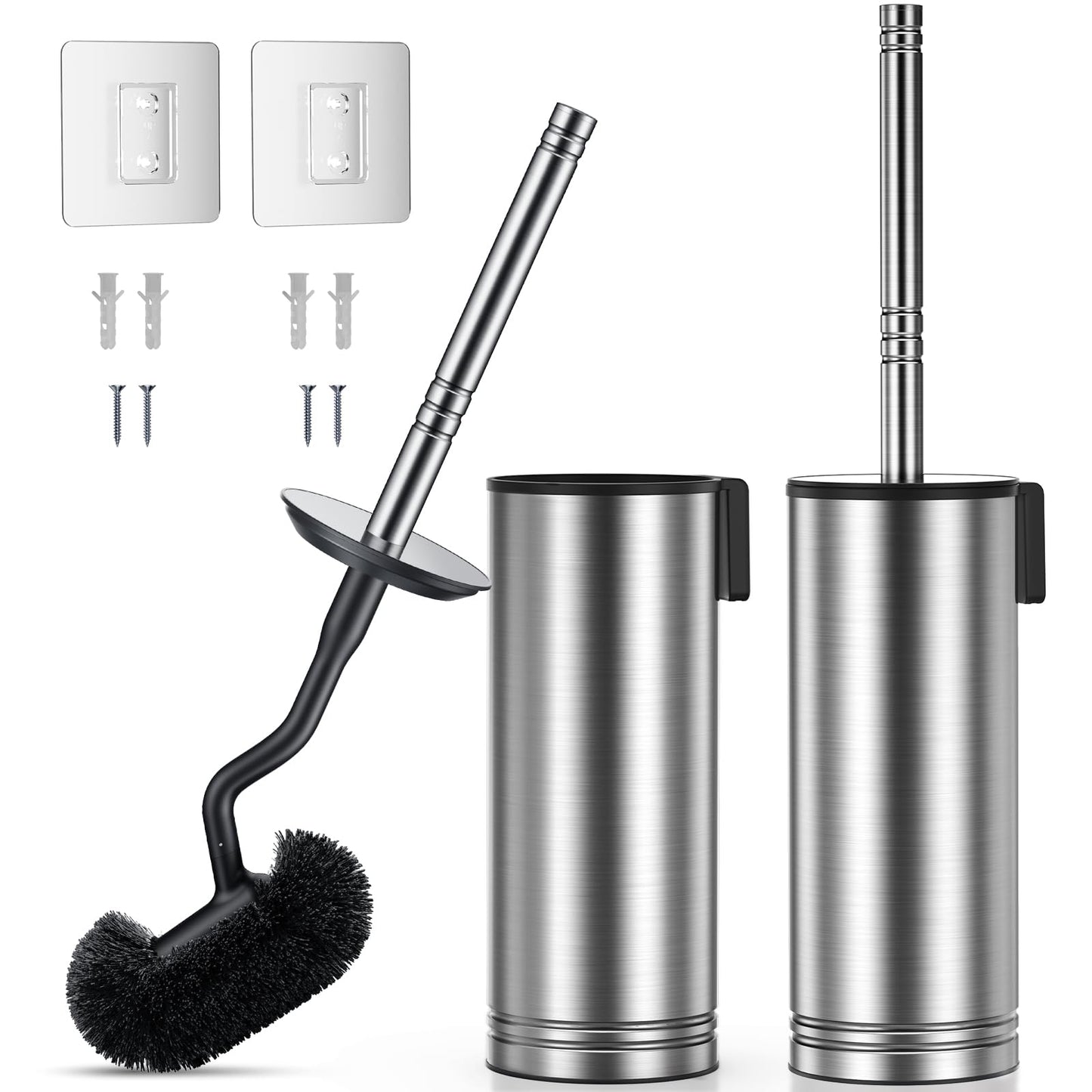 Hamitor Toilet Brush and Holder Set: 304 Stainless Steel Rustproof Toilet Scrubber with Under Rim Deep Cleaning Curved Bristle - Bathroom Cleaner Brush for Renters Homeowners Family Silver 2 Pack